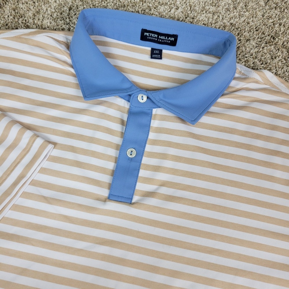 Peter Millar Crown Crafted Mens 2XL White Tan Striped Performance Stretch Polo